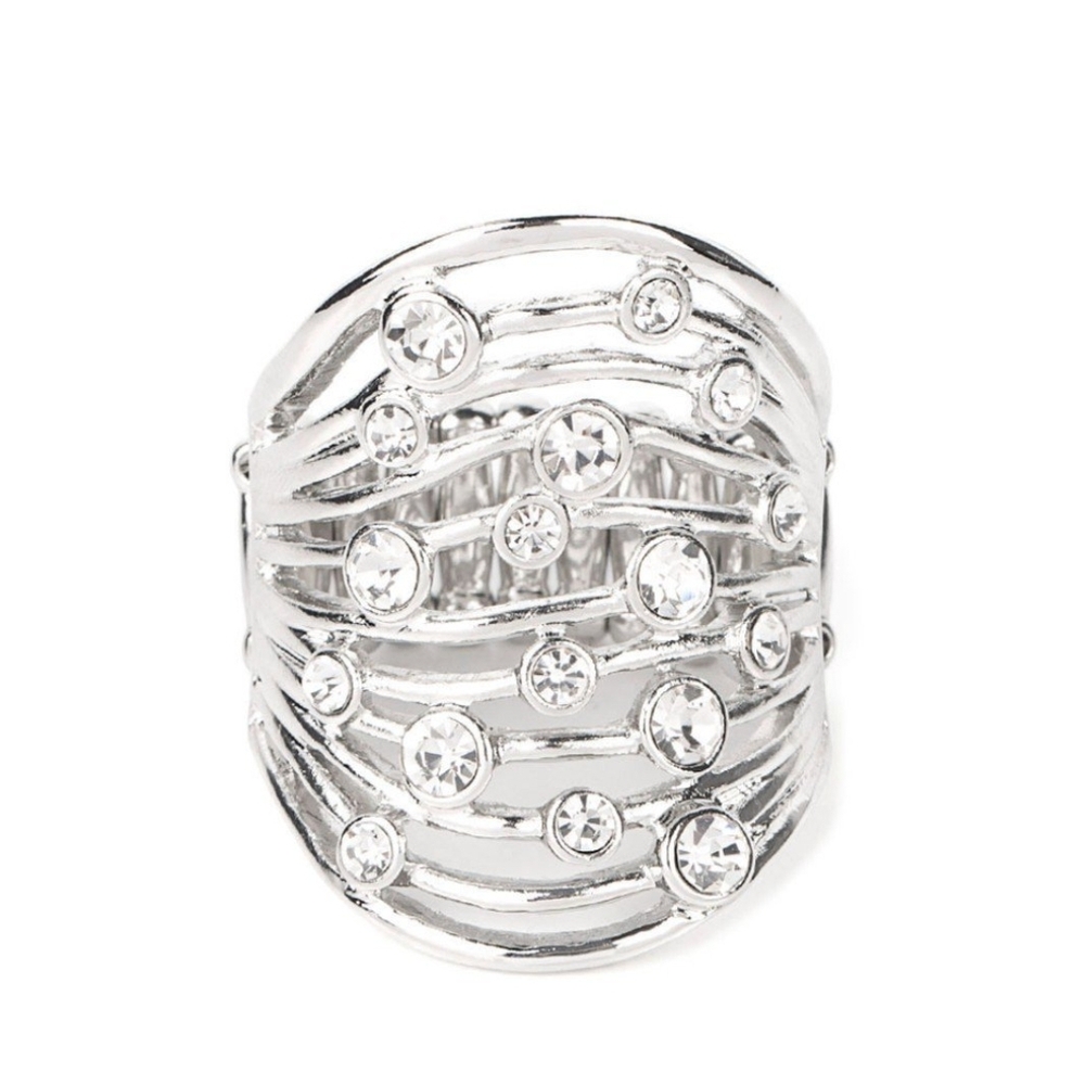 Paparazzi Silver Statement Ring with Intricate Design Radiantly Rising White